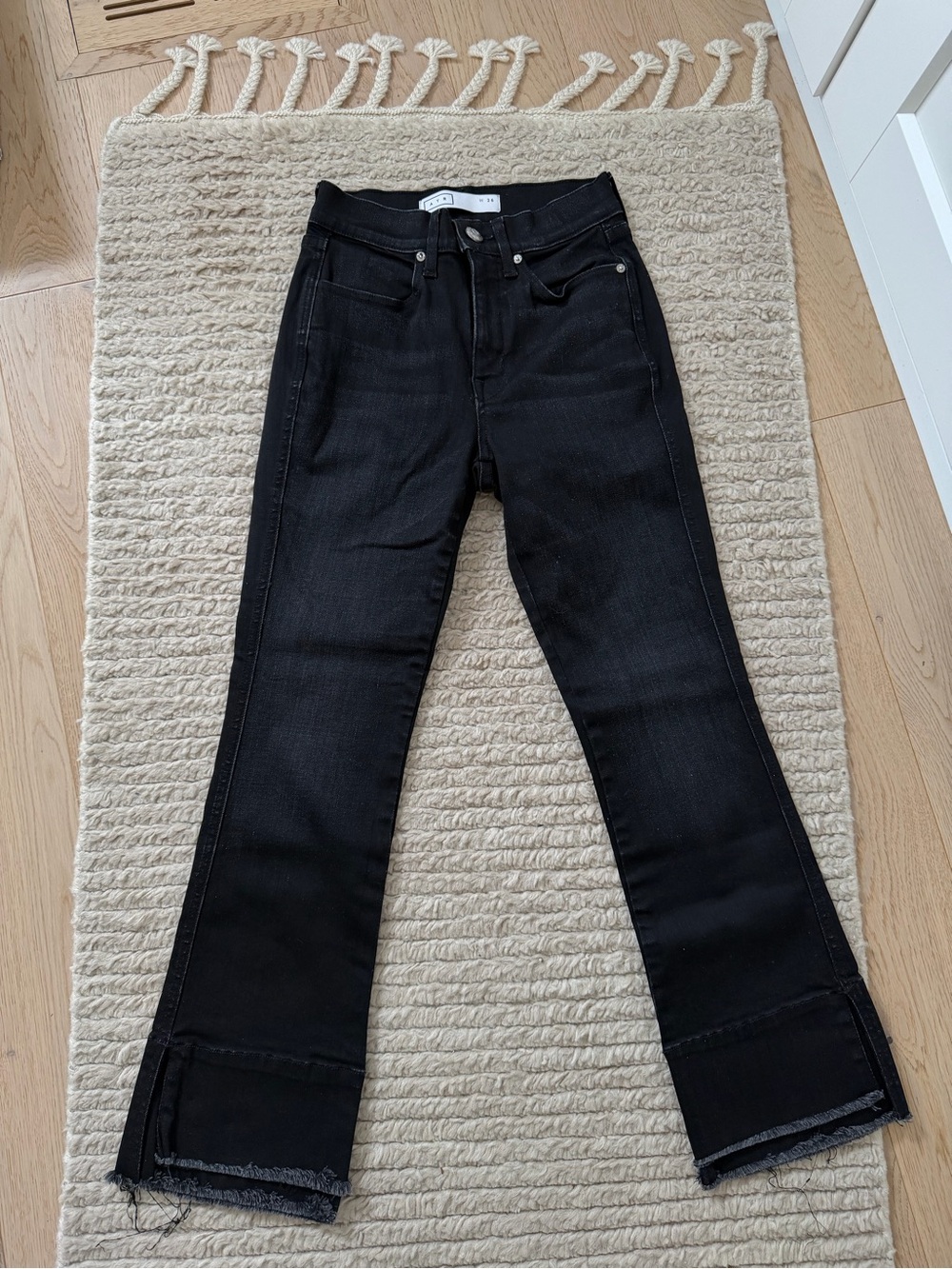 AYR Black Crop Flare Jeans Size 26 High Rise Raw Hem Stretch Denim